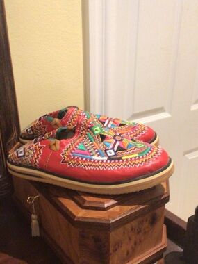 Embroidered Red Slip-On Clog Mules